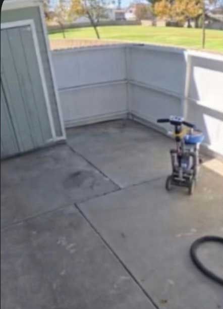 Before: a patio deck in bare weathered concrete with visible joints and staining.