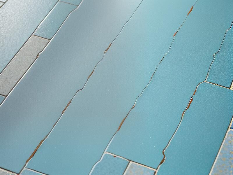 Close view of a poured teal resin floor, still wet-looking, with joint lines running through it.