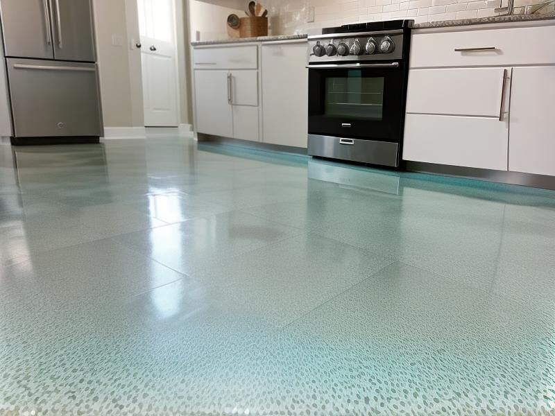 A kitchen floor finished in pale flake epoxy, the chips clearly visible across the surface.