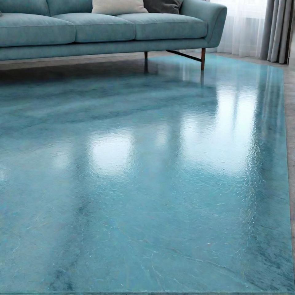 A finished teal metallic epoxy floor in a living room, reflecting the daylight from a curtained window.