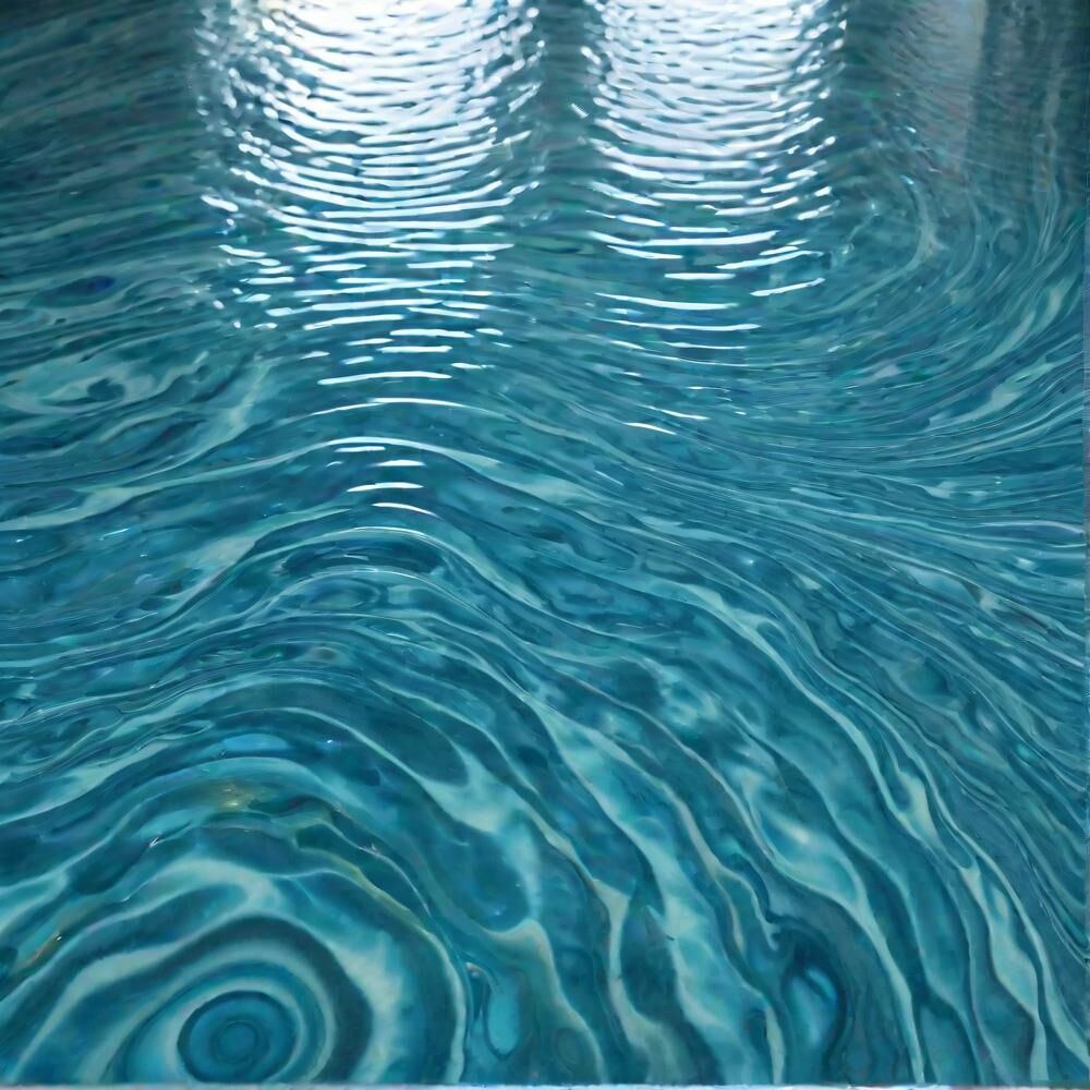 A finished metallic epoxy floor in blue and white, rippling like shallow water under the light.