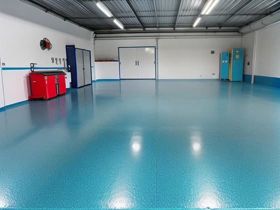 A commercial workshop with a blue epoxy floor, tool chest and storage cabinets against the wall.