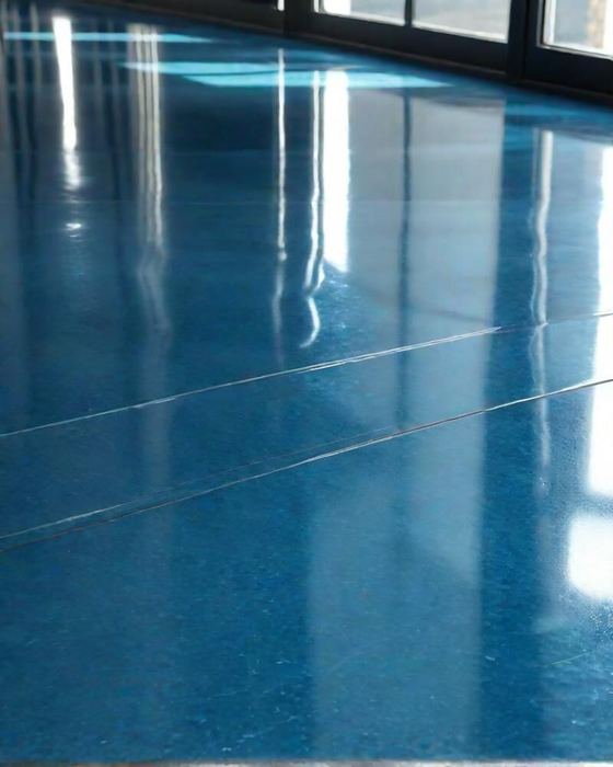 A long industrial hall with a blue resin floor reflecting the window bays down its length.