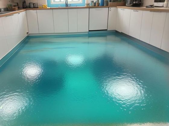A domestic kitchen with a deep teal poured resin floor running wall to wall.